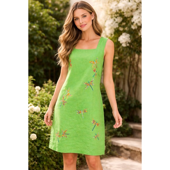 Betsy Lauren Dresses & Skirts - Betsy Lauren 90s Y2K Green Linen Blend Dragonfly Embroidered Sheath Dress M/L 14